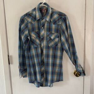 Chute blue plaid long sleeve button down western shirt Size 15 1/2
